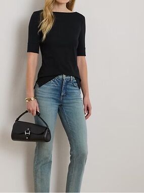 Lauren Ralph Lauren Black Boatneck Elbow-Sleeve Top